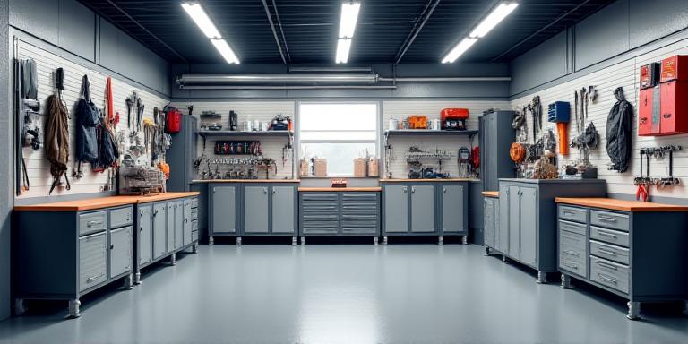 Organized garage space with storage solutions